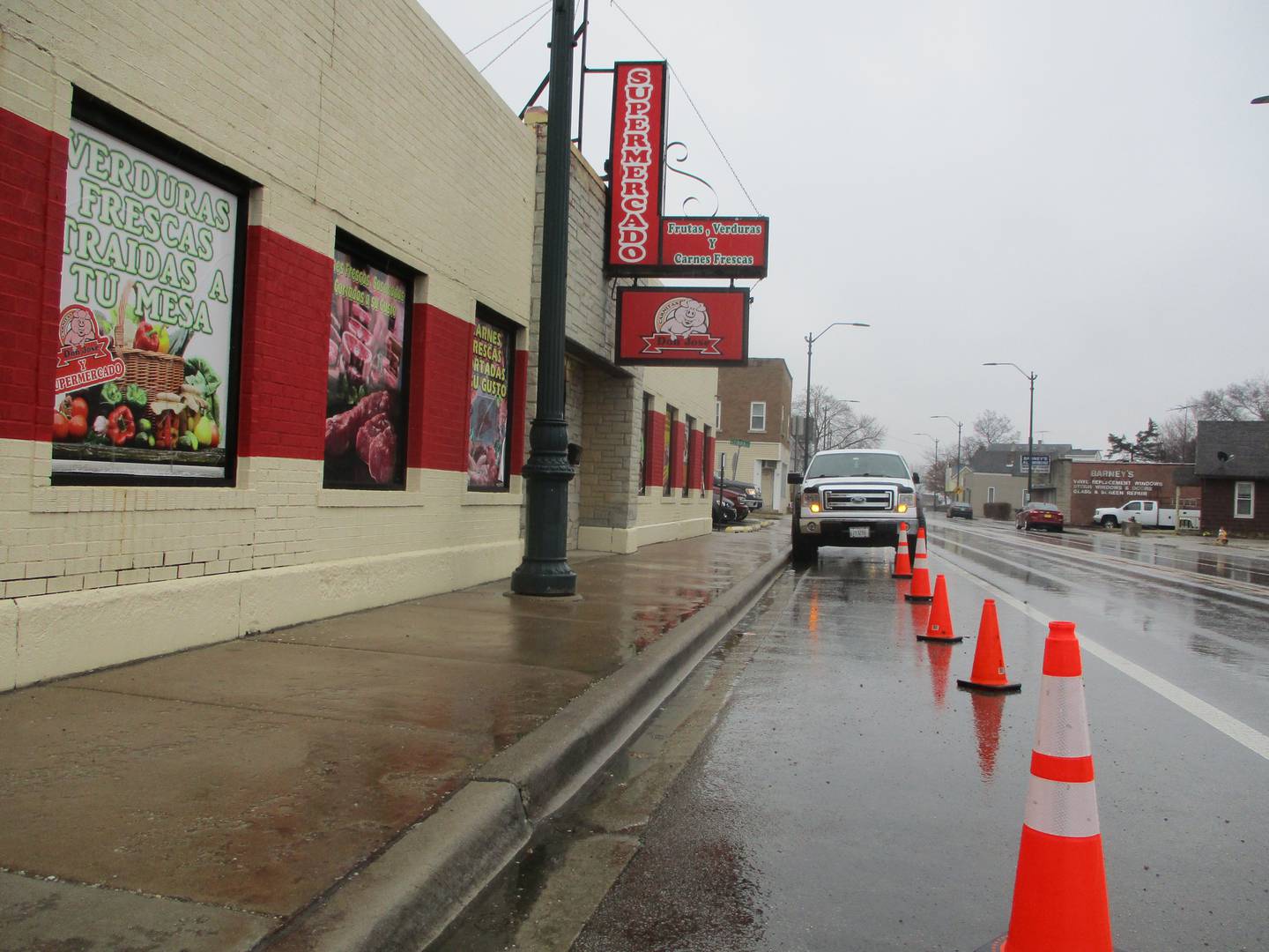 Parking cones block of street parking in front of the Don Jose Supermercado on Ruby Street on Wednesday, Feb. 22, 2023.
