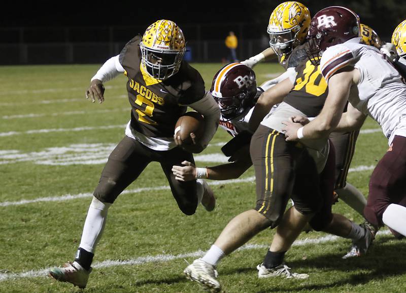 Jacobs' Antonio Brown tries to get around the corner during a IHSA Class 7A first round playoff football game Friday, Oct. 28, 2022, between Jacobs and Brother Rice at Jacobs High School in Algonquin.
