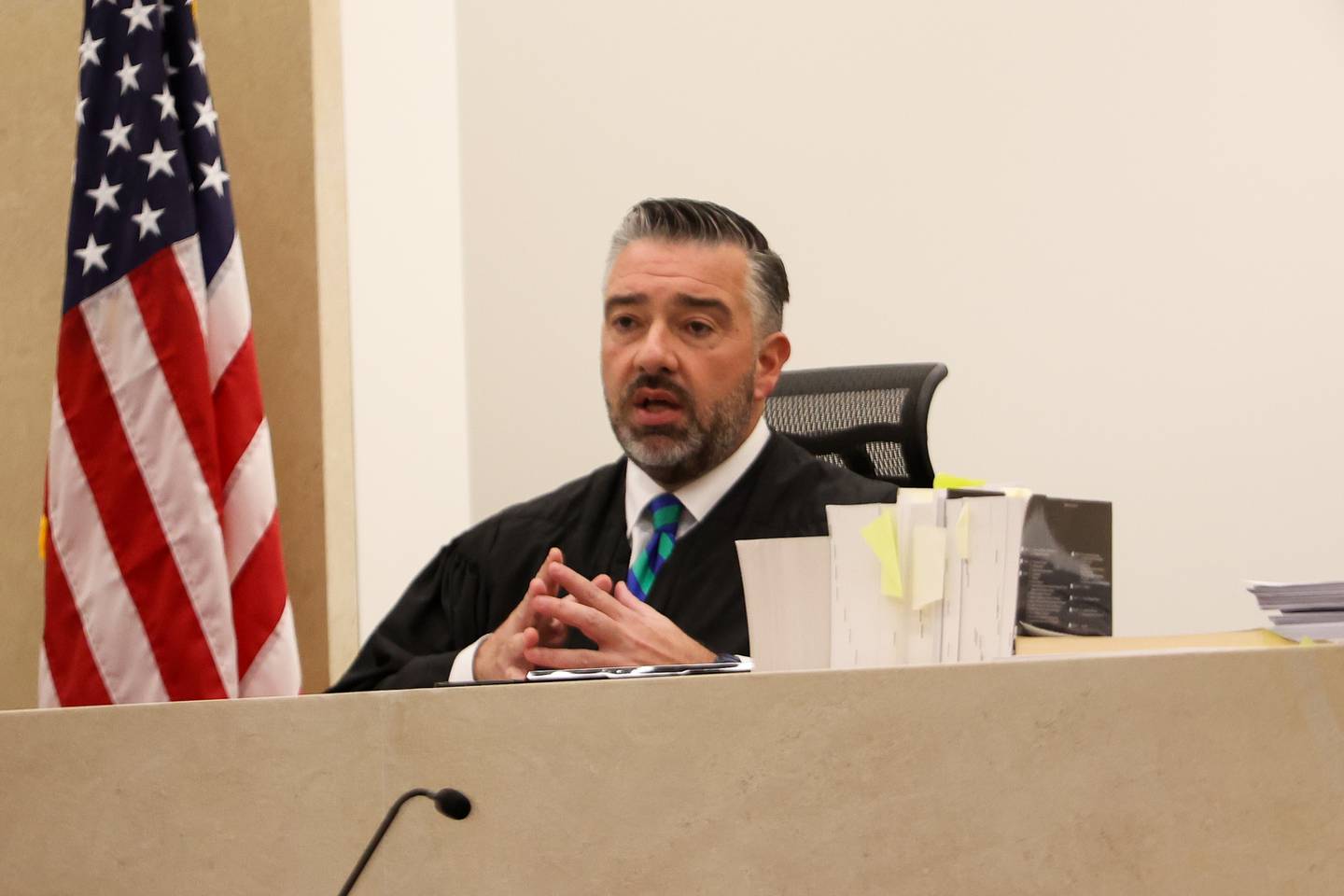Judge Dave Carlson addresses the courtroom for the opening of the People vs. Jeremy Boshears trial. Boshears is charged with the murder of Kaitlyn “Katie” Kearns, 24, on Nov. 13, 2017. Thursday, April 14, 2022, in Joliet.