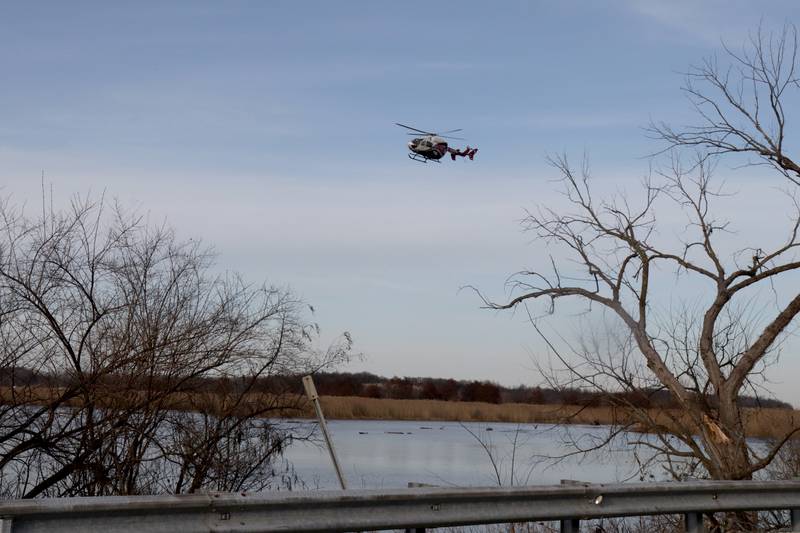 An OSF lifeflight helicopter leaves the scene of a motorcycle crash on Monday, Feb. 26, 2024 along Illinois Route 71 on the far east side of Starved Rock State Park. Utica Fire and EMS were dispatched around 3:45p.m. to the scene. La Salle County Sheriff deputies also were called to the incident.