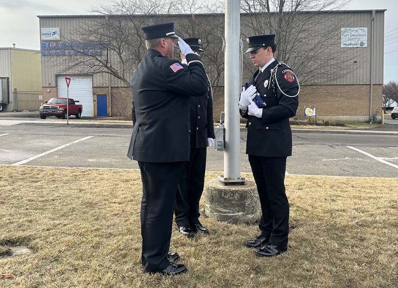 Sycamore firefighters at a flag ceremony on Tuesday, Feb. 17, 2026, to mark the opening of the Sycamore Fire Department's new fire station, 1351 S. Prairie Drive.  The station will replace the aging building at 535 DeKalb Ave.
