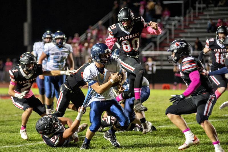Bureau Valley’s Cameron Lemons fight for yards against Erie-Prophetstown Friday, Oct.7, 2022
