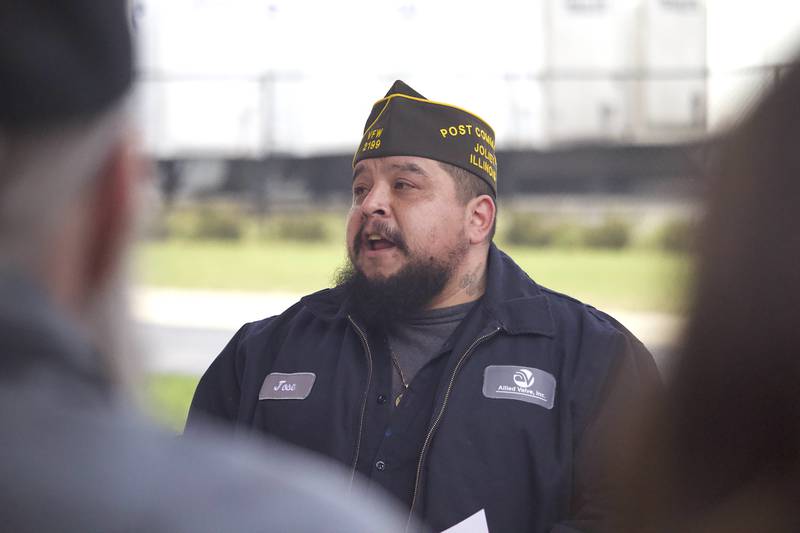 Jose Guzman, commander of Stone City VFW Post 2199, 124 Stone City Drive, Joliet, delivers a speech during a Veterans Day flag ceremony on Tuesday, Nov. 11, 2025.