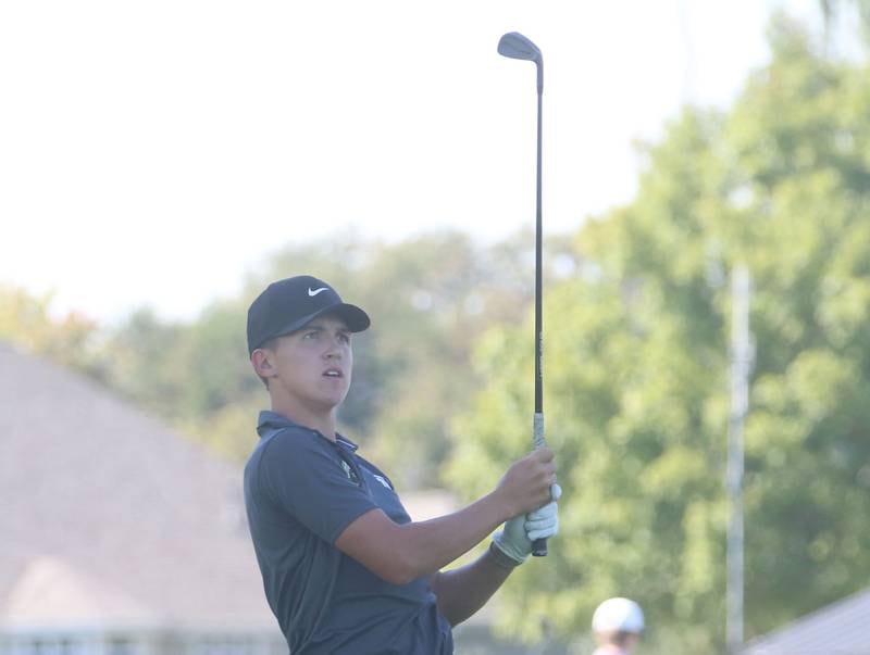 Syacmore's Andrew Swedberg tees off during the Pirate Invitational on Monday, Sept. 15, 2025 at Deer Park Golf Club in Oglesby.