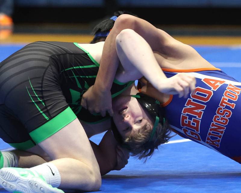 Rock Falls’  Tucker Ullrich wrestles Genoa-Kingston's Chris Moreno Thursday, Jan. 16, 2025, during their 138 pound match at Genoa-Kingston High School.