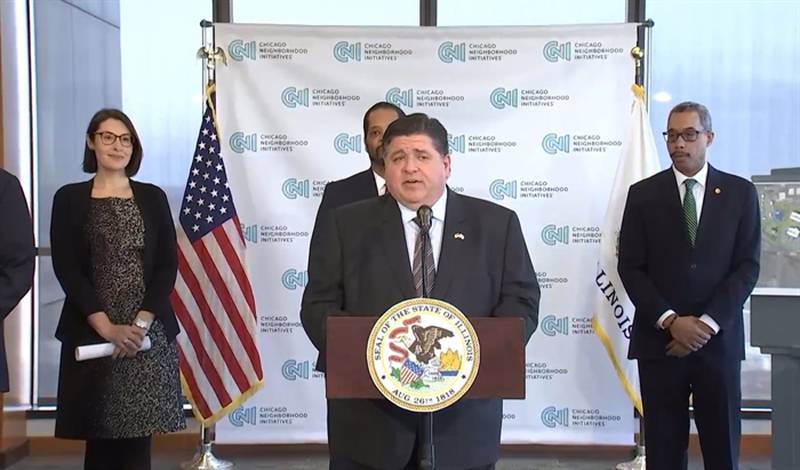 Gov. JB Pritzker is pictured at a news conference in Chicago Monday at which he announced a new state grant program aimed at making large areas of land ready for broad commercial development. (Credit: Illinois.gov)