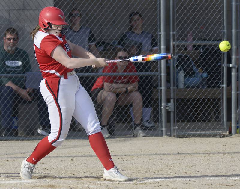 Streator’s Joyce Walkling gets a base hit in the fourth inning against Woodland/Flanagan-Cornell on Thursday, April 24, 2025, at Woodland School.