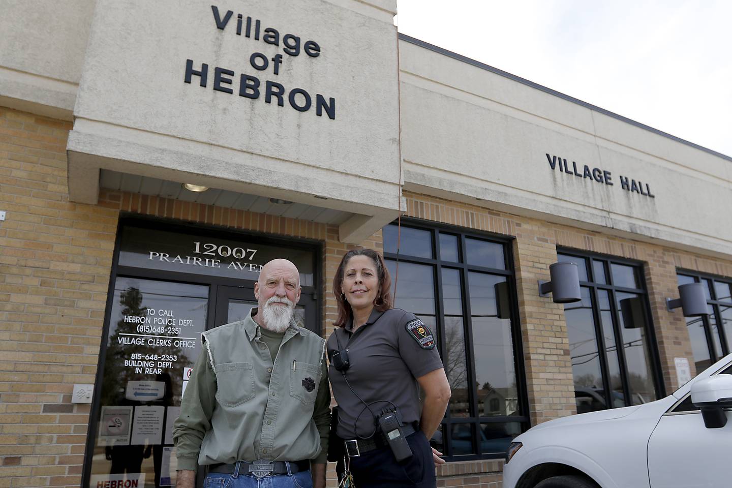 Hebron Police Chief Juanita Gumble (right) with Village of Hebron President Robert Shelton in Hebron on Wednesday, Feb. 21, 2024. In the year since she took over the department she has worked hard improve the department by upgrading procedures and how evidence is handled and stored.