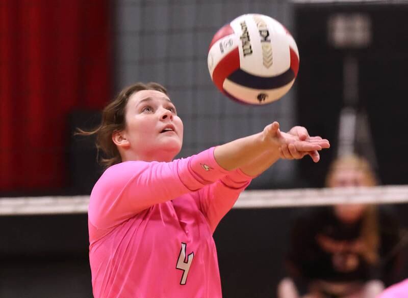 Hiawatha's Zoë Elder bumps the ball during their match Tuesday, Oct. 15, 2024, at Indian Creek High School in Shabbona.