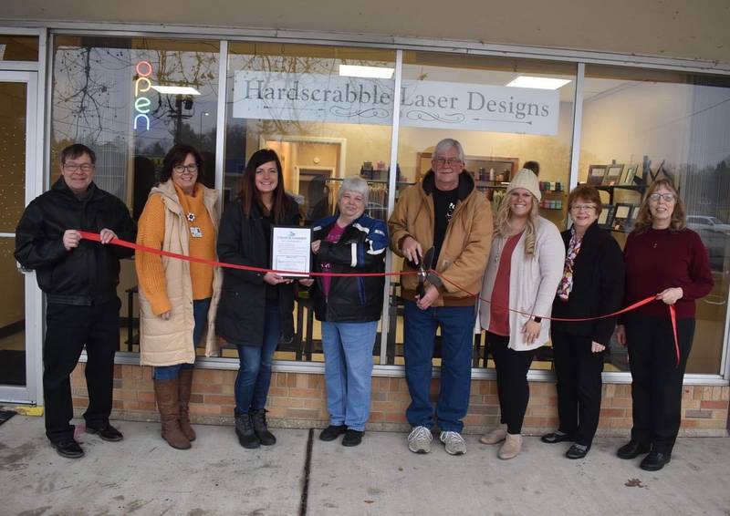 Pictured (left to right) are Jeff Williams and (not pictured Betty Williams), owners of Westgate Plaza; Lori Snell (chamber board member); Courtney Levy (chamber executive director); Tambla Olesen and Danny Sass (owners); Megan Wright (chamber coordinator); Gigi Lansford (chamber ambassador) and Judy Booze (chamber ambassador) for the ribbon cutting ceremony for Hardscrabble Laser Designs in Streator.
