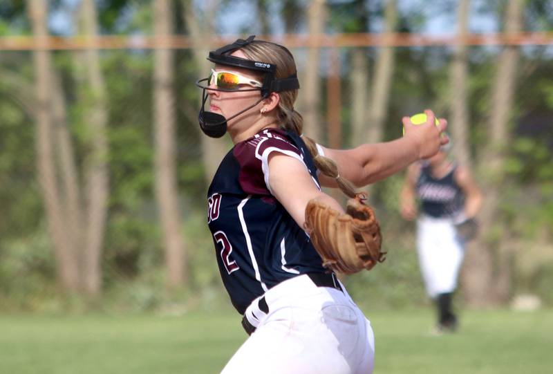 Marengo’s Ellie White delivers against Morrison in IHSA Class 2A Sectional Semifinal softball action at Marian Central High School in Woodstock on Thursday, May 29, 2025.