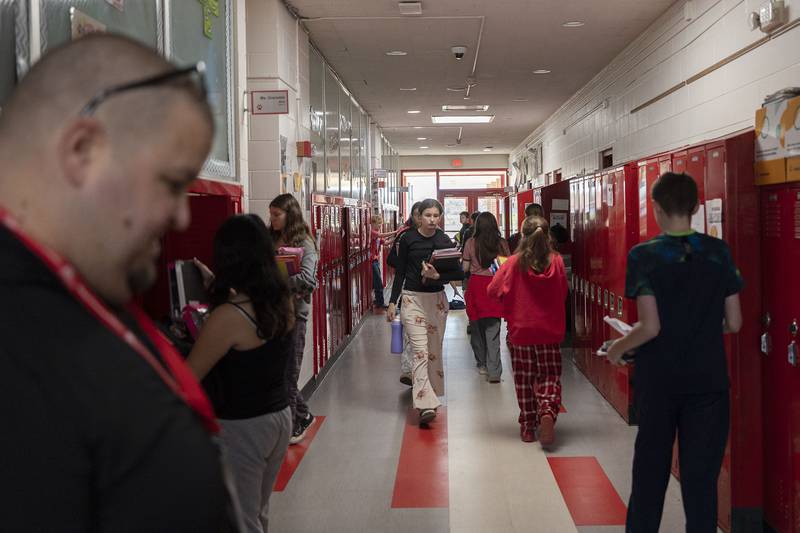 Middle school students move between classes Thursday, Nov. 13, 2025, at East Coloma-Nelson School in Rock Falls. The school teaches kids Pre-K to eighth grade.