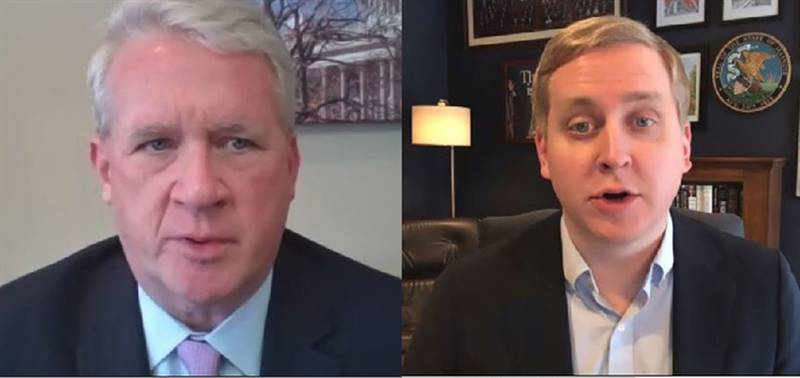 House Minority Leader Jim Durkin, left, and Deputy Minority Leader Tom Demmer discuss the state's budget situation ahead of Gov. JB Pritzker's budget address during a virtual news conference Monday.