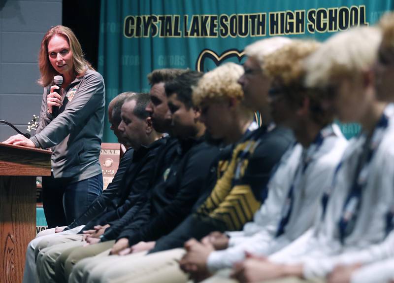 Crystal Lake South Principal Kim Bromley address the team during a celebration for the Crystal Lake South boys soccer team on Wednesday, Nov. 8, 2023, at Crystal Lake South High School. South defeated Peoria Notre Dame to win their second soccer state championship on Saturday.