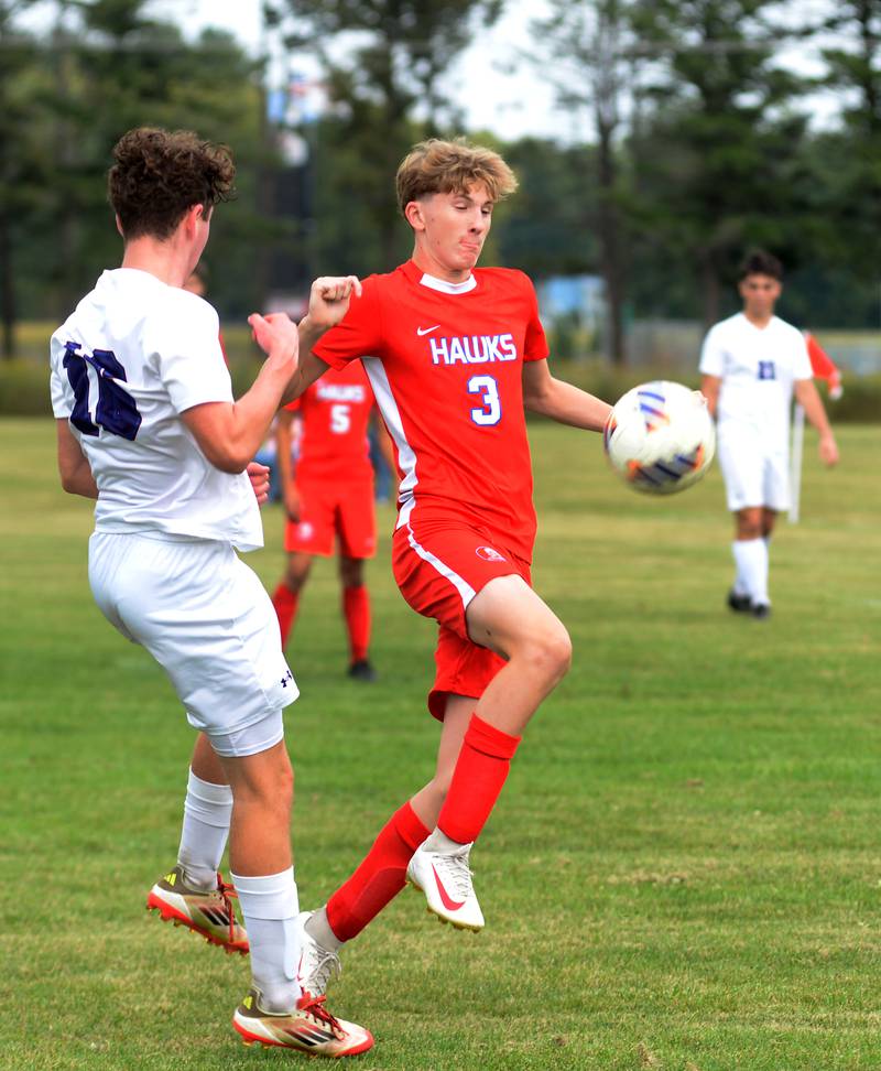 Oregon's Noah Near (3) plays the ball against Pecatonica on Tuesday, Sept. 23, 2025 at Oregon Park West.
