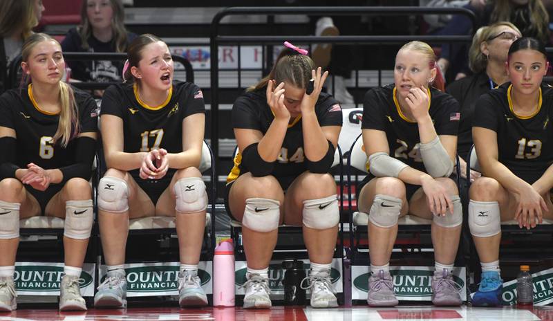 Riverdale players react to losing a point during their 2A semifinal match with Central Catholic at the state volleyball tournament at Illinois State University on Friday, Nov. 14, 2025.