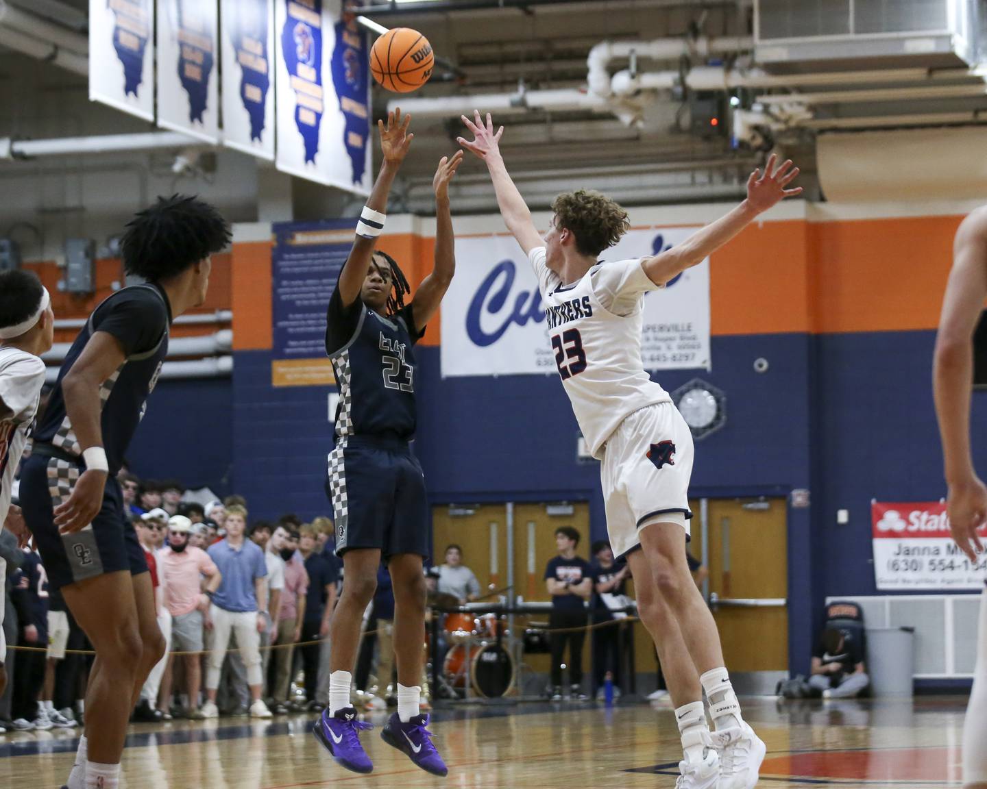 Oswego East's Mason Lockett (23) shoots a jumper during their basketball game between Oswego East at Oswego Friday, Jan 9, 2026 in Oswego.