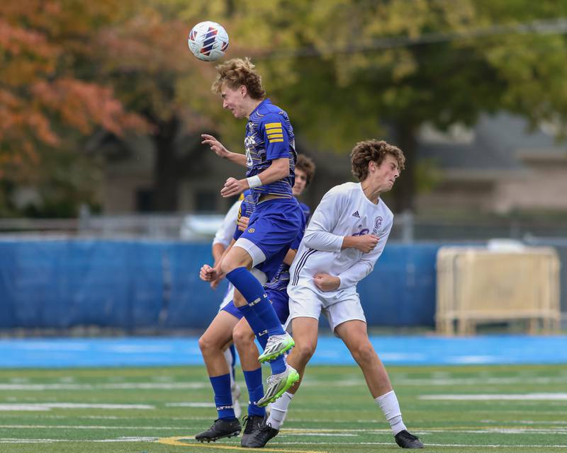 Lyons Haris Sarajlija (10) heads the ball during Class 3A Lyons Regional final soccer match.  Oct 21, 2023.