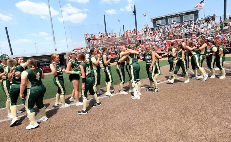 Members of the St. Bede softball team celebrate winning the Class 1A State championship over Illini Bluffs on Saturday, June 3, 2023 at the Louisville Slugger Sports Complex in Peoria.
