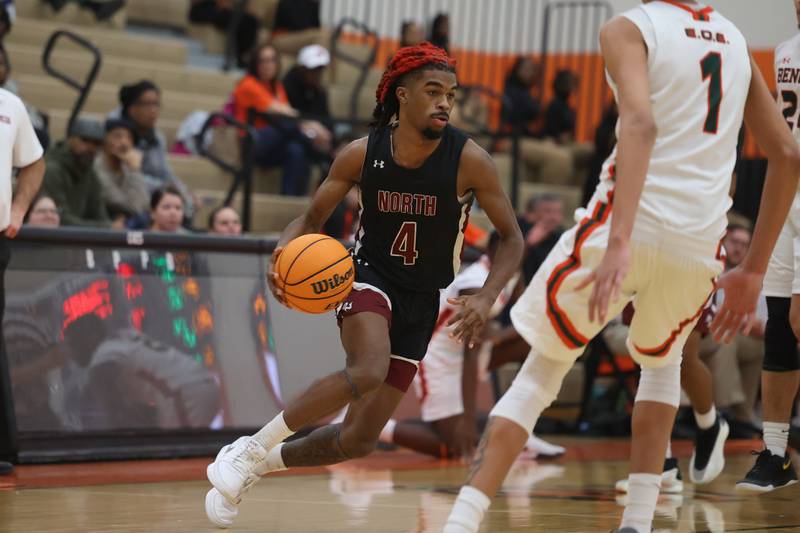 Plainfield North’s Amari Evans looks to make a play against Plainfield East on Tuesday, Jan 14, 2025.