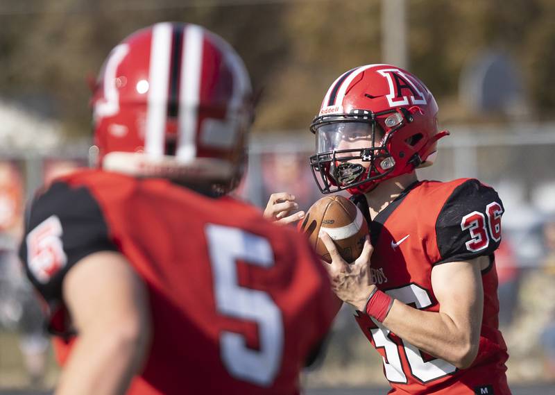 Amboy’s Caleb Yanos hauls in a pass against West Central Saturday, Nov. 2, 2024, in the 8-man football league first round playoffs.