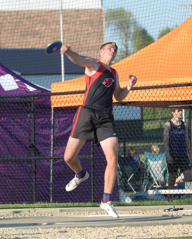 Forreston's Hunter DeWall throes the discus at the 1A Winnebago Sectional on Friday, May 17, 2024 in Winnebago. He finished third in the event with a best throw of 37.52 meters (123' 1").