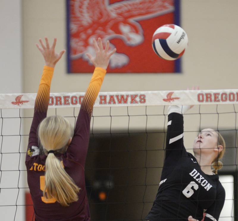 Dixon's Rayven Mowery (6) spikes against Stockton during the championship match at the Oregon Varsity Girls Volleyball Tournament on Saturday, Sept. 6, 2025 at the Blackhawk Center in Oregon. Dixon fell in two matches.
