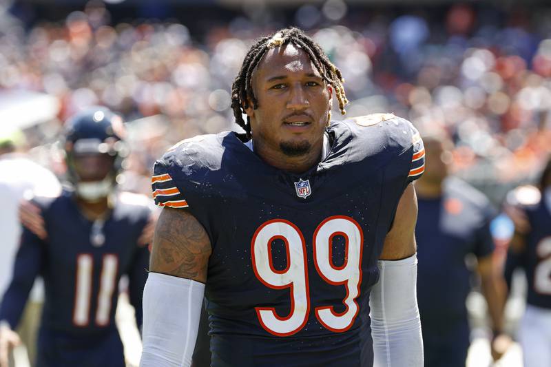 Chicago Bears linebacker Trevis Gipson walks off the field after the first half against the Tennessee Titans, Saturday, Aug. 12, 2023, in Chicago.