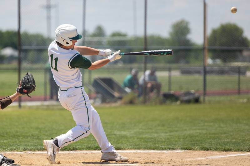 (11) Aj Hermes of St. Bede hits home run on Saturday, May 24, 2025 at Stark County High School in Toulon.