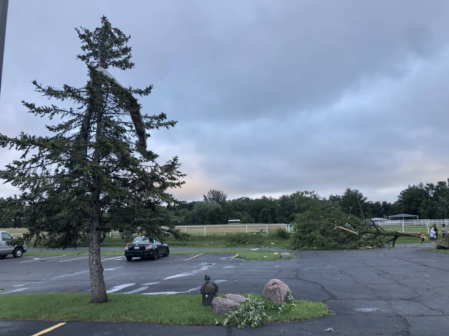 Northwest Bible Baptist Church lost the southmost section of its roof to the storm, and pieces of the roof were left scattered around the property at 9N889 Nesler Rd. in Elgin in the evening of July 12, 2023.