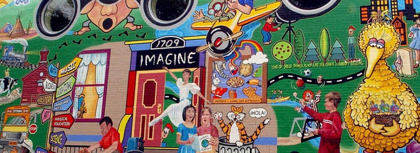 The Ottawa mural “Imagine and Learn with Bob McGrath,” features the iconic Big Bird character. McGrath was an Ottawa native who appeared in the popular children’s program “Sesame Street.” The mural was designed and painted by Vicki Crone, and is located at Jefferson School, 1709 Columbus St.