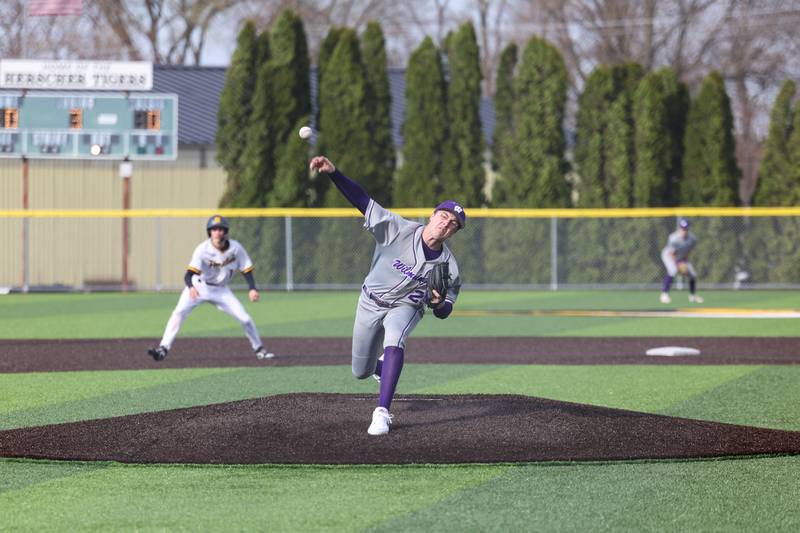 Wilmington pitcher Lucas Rink releases a pitch during the Wildcats' 3-0 victory over Herscher on Monday, April 14, 2025.