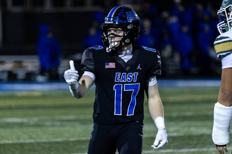 Lincoln-Way East's Jack Murphy give a thumbs up to the ref during a varsity football round one playoff game against Stevenson at Lincoln-Way East on Oct. 31, 2025.