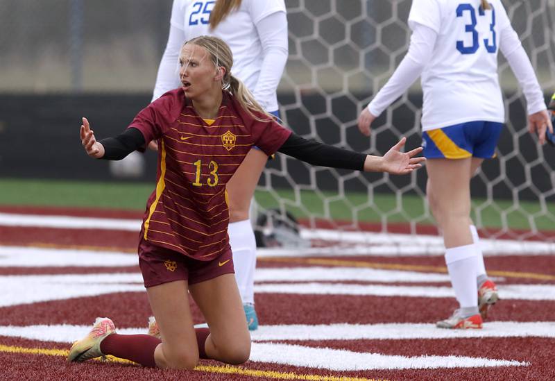 Richmond-Burton's Sydney Frericks complains about a call during a Kishwaukee River Conference soccer game against Johnsburg on Tuesday, April 1, 2025, at Richmond-Burton High School.
