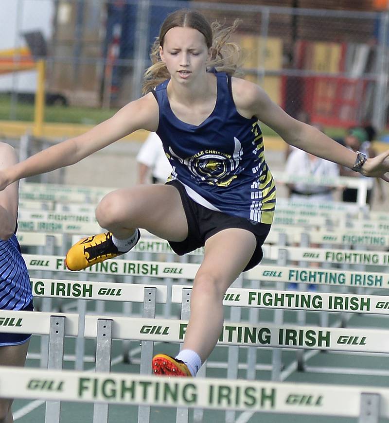 Yorkville Christian’s Paige Gilman competes in the 100-meter hurdles during the Class 1A Seneca Sectional girls track and field meet Thursday, May 11, 2023, at Seneca High School.