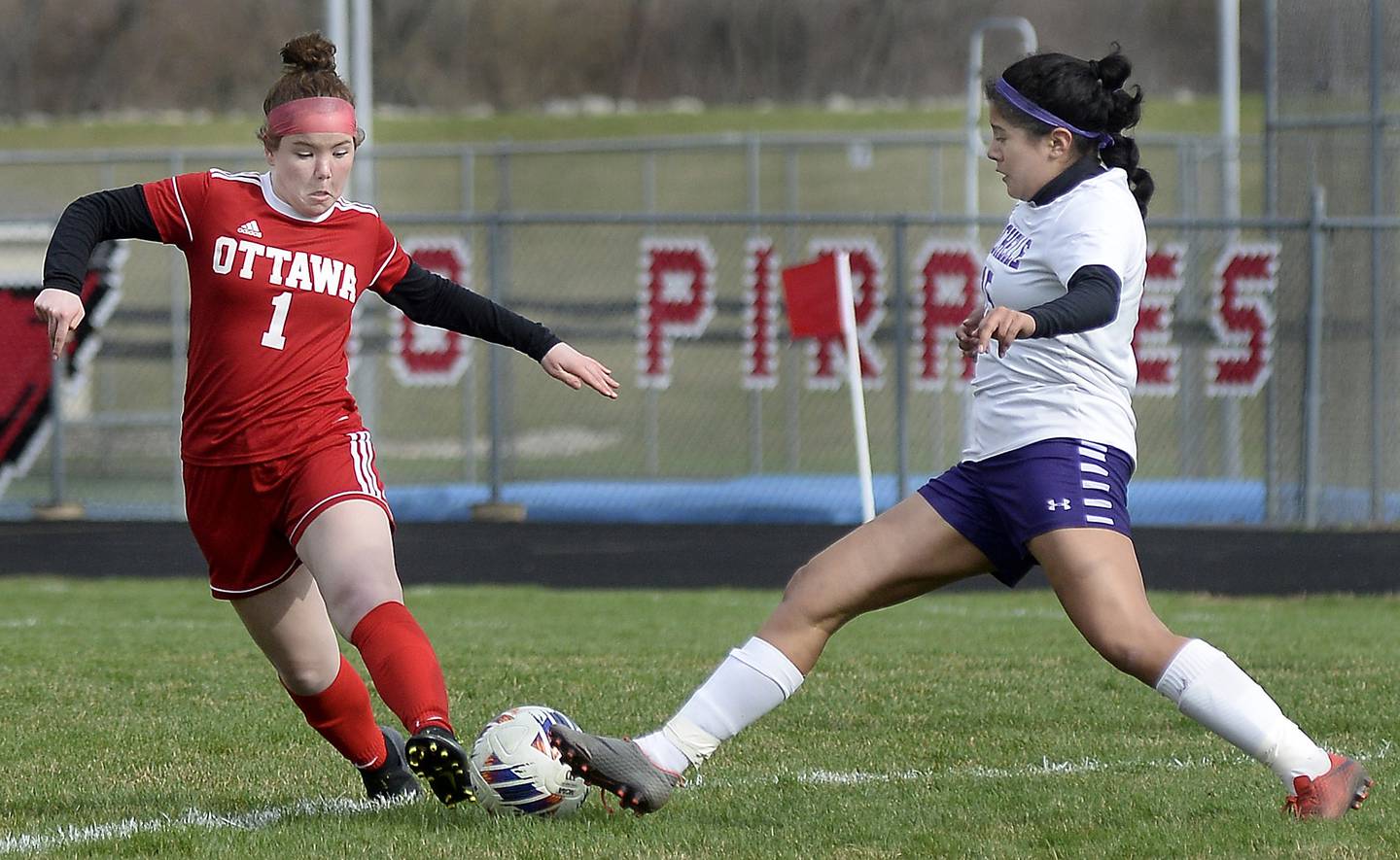 Ottawa’s Bella Petty stops a rush by Rochelle’s Elvish Mendez-Arguelles  in the first half during a match  on Wednesday, April 5, 2023 at King Field in Ottawa.