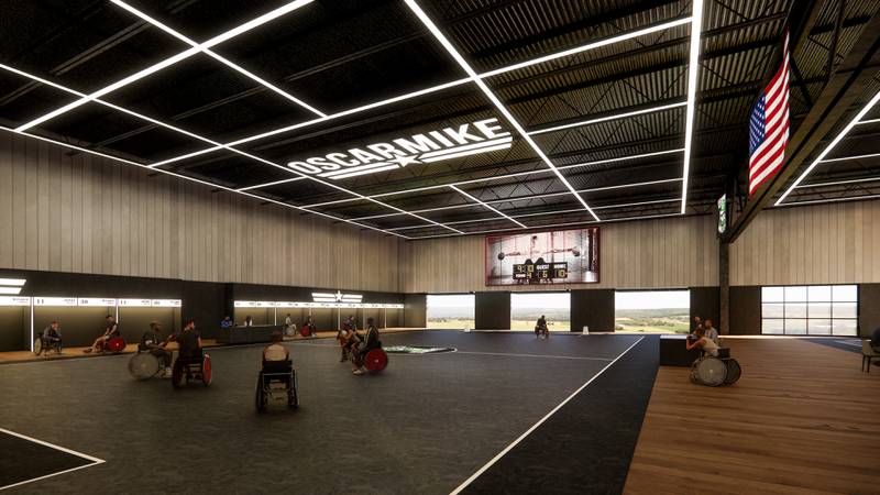 This architectural rendering shows the gymnasium proposed for Oscar Mike's Poplar Grove campus. The gym would allow year-round wheelchair rugby camps at the site.