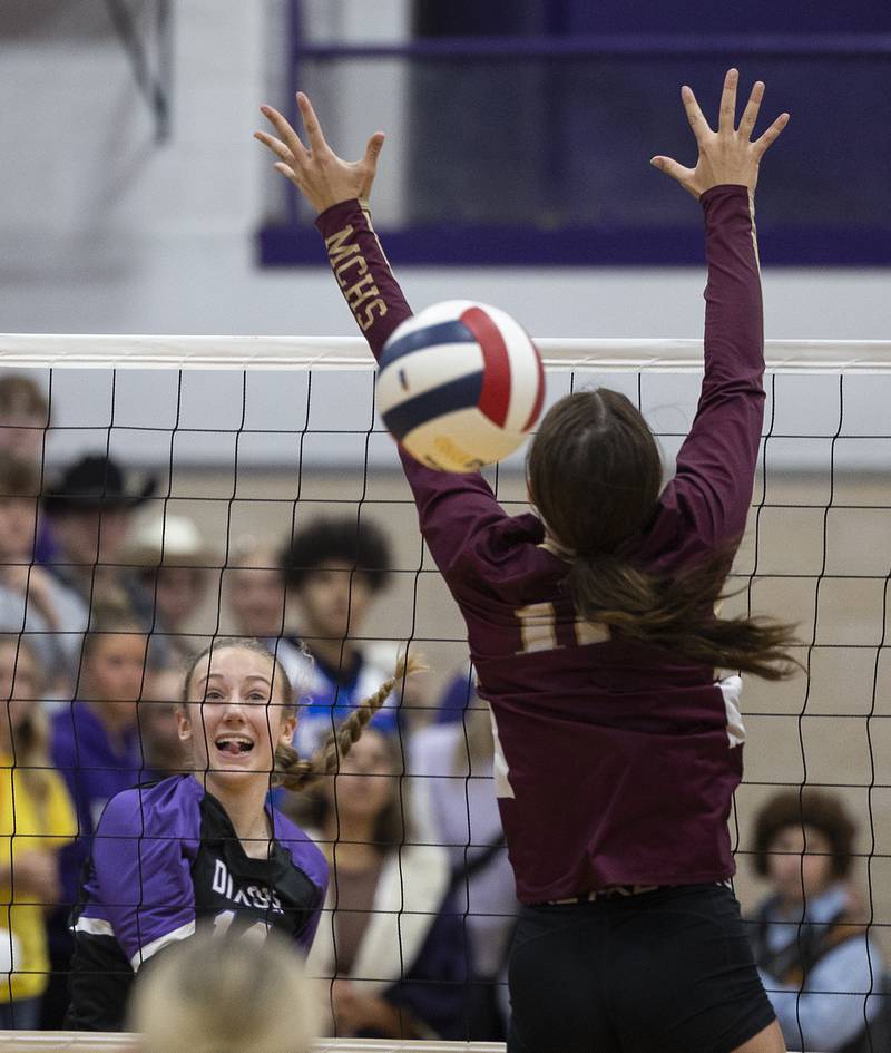 Dixon’s Leah Carlson watches her spikes go in for a score against Morris Thursday, Oct. 31, 2024 in the class 3A regional championship at Dixon High School.