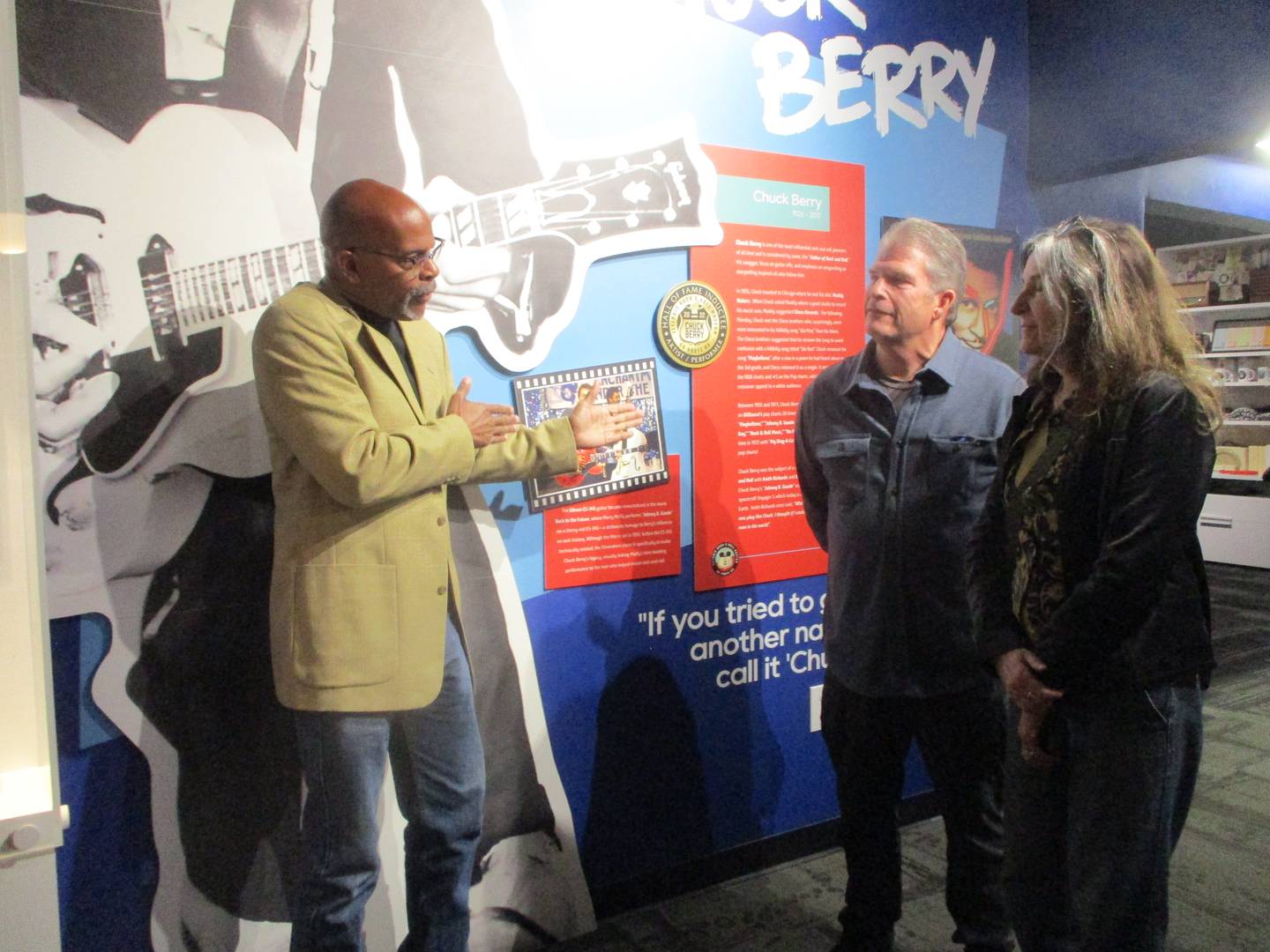 Charles Berry Jr. talks about his father, Chuck Berry, and music with visitors at the Illinois Rock and Roll Museum on Route 66 on Saturday after the opening of an exhibit dedicated to Chuck Berry. May 2, 2026