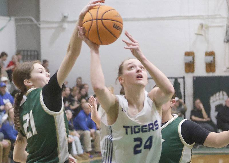 St. Bede's Marker McClain blocks Princeton's Keighley Davis shot during the Class 2A Regional semifinal game on Tuesday, Feb. 17, 2026 at St. Bede Academy.