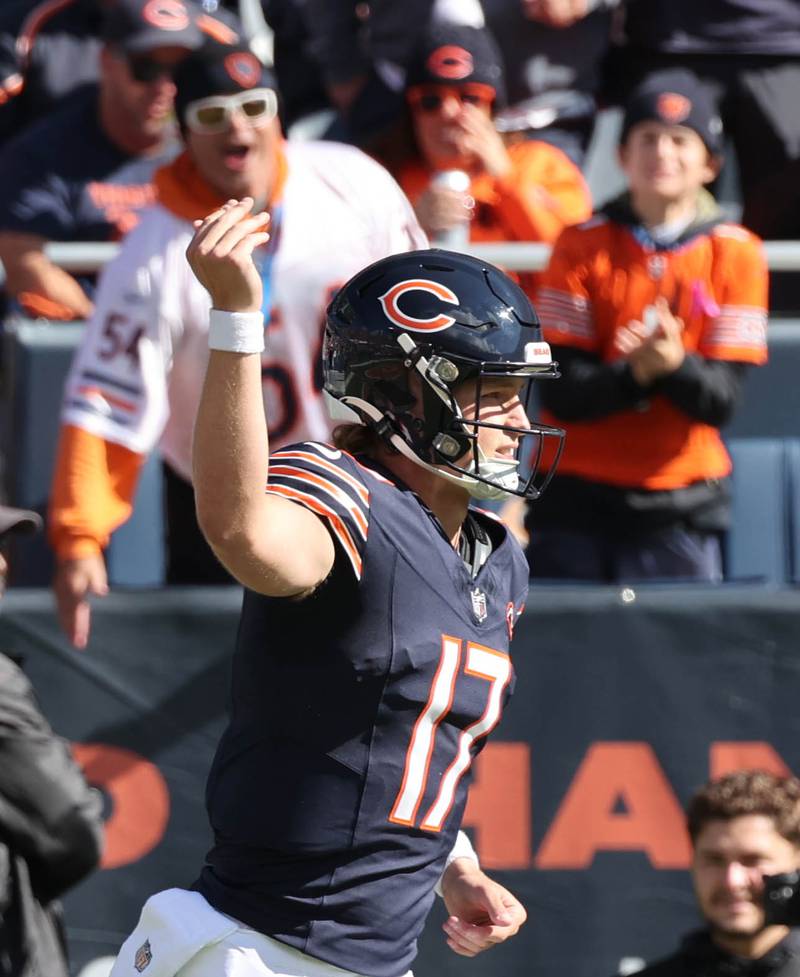 Chicago Bears quarterback Tyson Bagent fires up the fans after a Bears touchdown during their game against the Las Vegas Raiders Sunday, Oct. 22, 2023, at Soldier Field in Chicago.