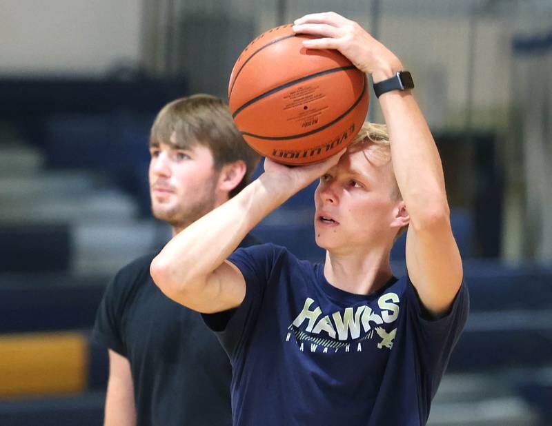Hiawatha basketball head coach Matthew Montavon, who is heading into his second year at the helm, takes a shot during practice Thursday, June 13, 2024 at the school in Kirkland.