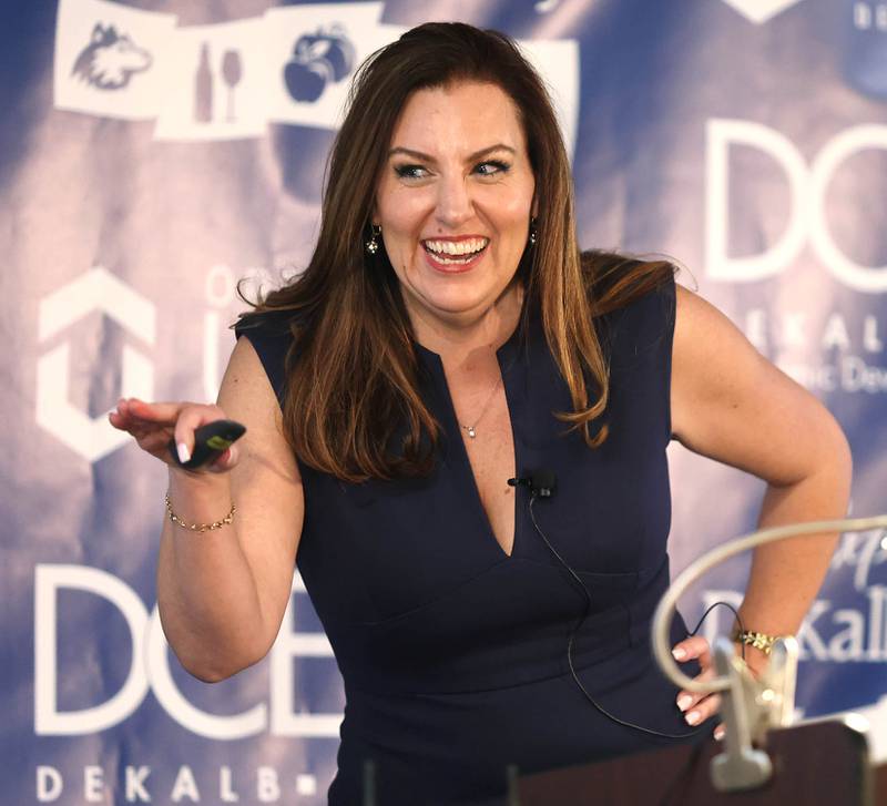 Keynote speaker Nicole Martin, Chief Empowerment Officer and Founder of HRBoost, LLC, talks Thursday, April 28, 2022, during the annual DeKalb County Economic Development Corporation dinner and state of the county event at Faranda's Banquet Center in DeKalb.