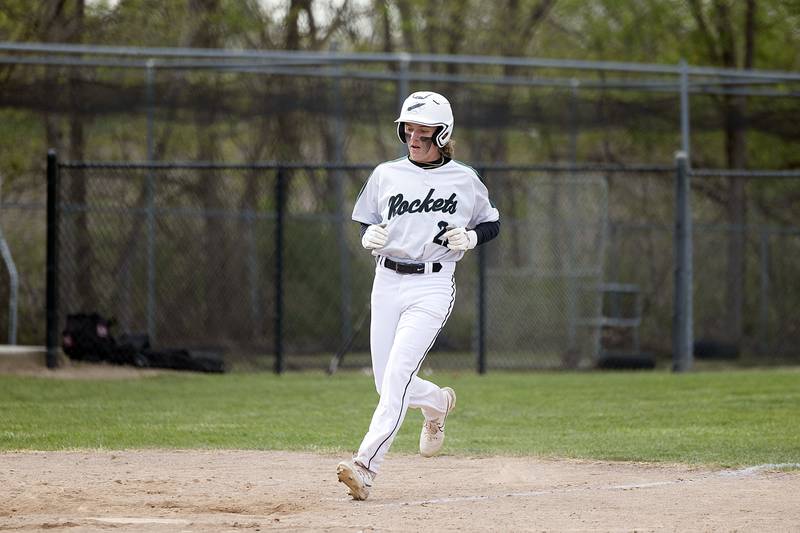 Rock Falls’ Cadon Schulz comes in to score against Oregon Tuesday, May 2, 2023.