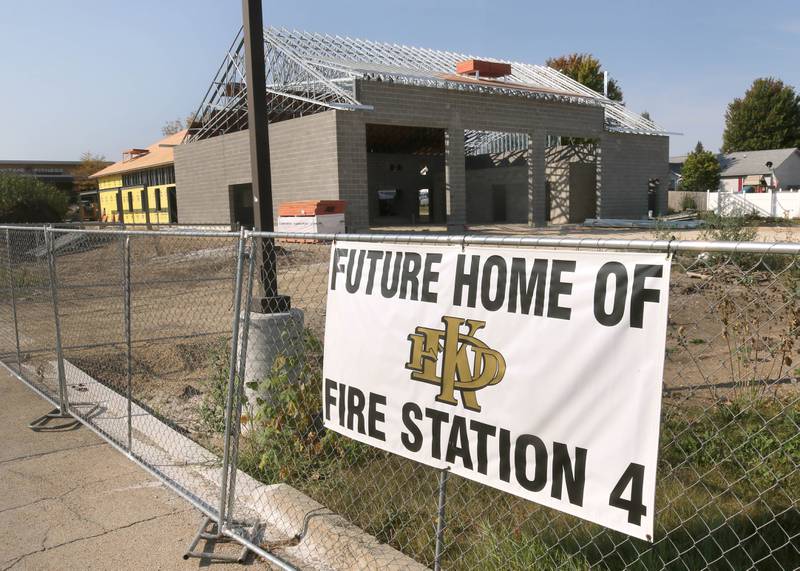The front of the new DeKalb fire station, including the vehicle bays, Wednesday, Sept. 18, 2024, at 1130 South Malta Road in DeKalb. Construction on the station, the fourth for the DeKalb Fire Department, is ongoing.