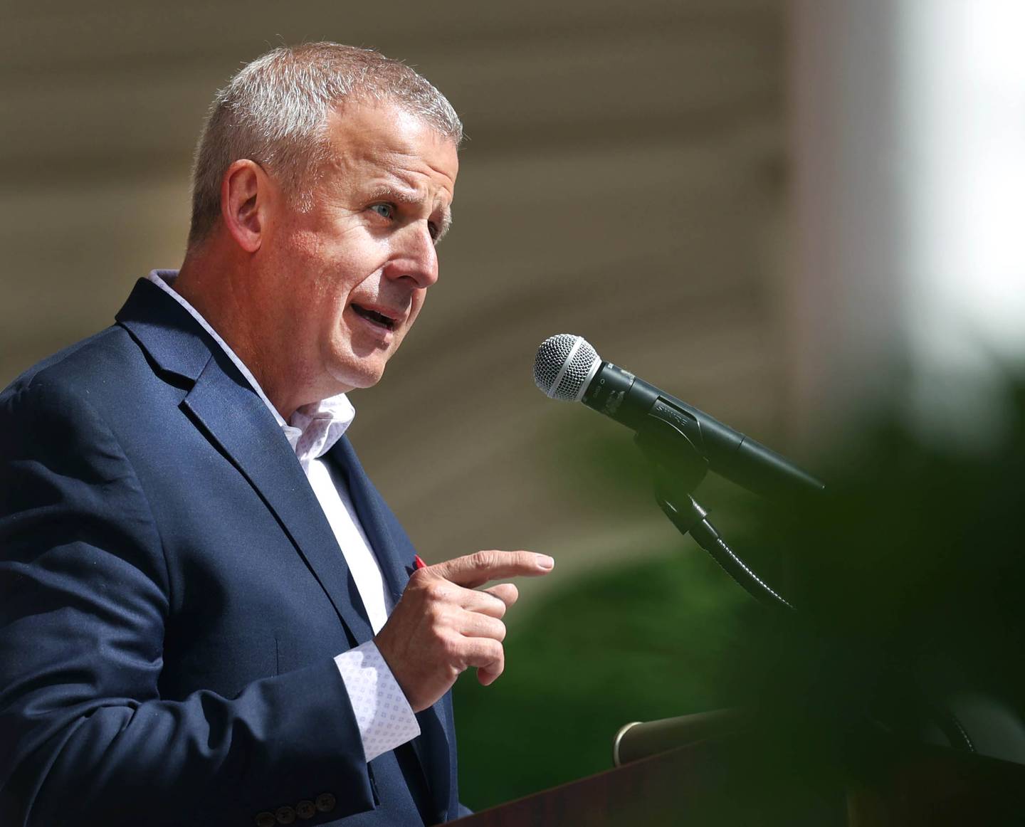 DeKalb Mayor Cohen Barnes speaks Monday, May 26, 2025, during the Memorial Day ceremony at Ellwood House in DeKalb.