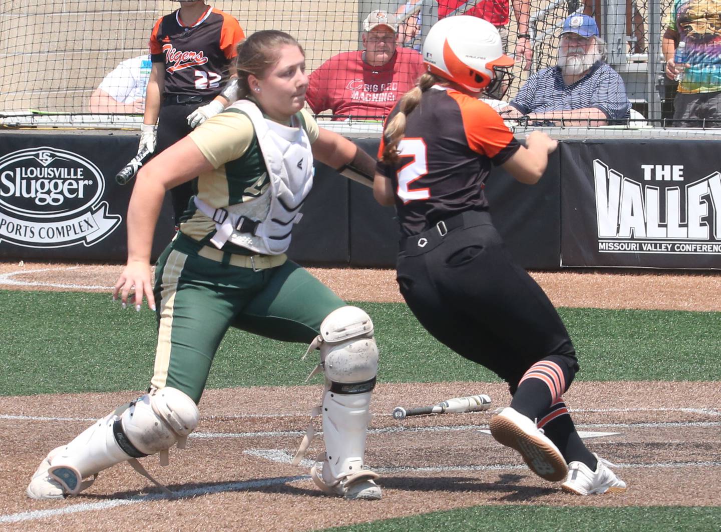 St. Bede catcher Bella Pinter tags out Illini Bluffs player Anna Tibbs at the plate in the Class 1A State championship game on Saturday, June 3, 2023 at the Louisville Slugger Sports Complex in Peoria.