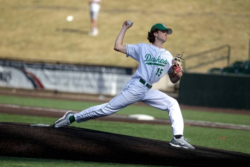 York’s Lucas Bormann pitches during a Class 4A state semifinal game against Edwardsville at Duly Health and Care Field in Joliet on Friday, June 9, 2023.