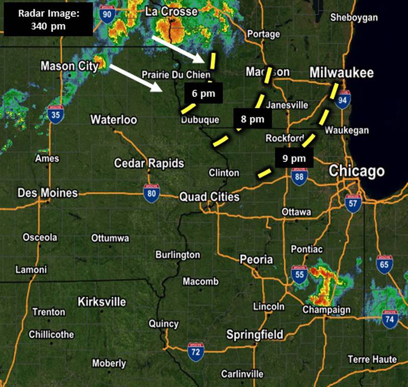 A map issued by the National Weather Service station in the Quad Cities shows a storm advancing from Minnesota and Wisconsin that will affect northern Illinois counties sometime around 7 p.m.