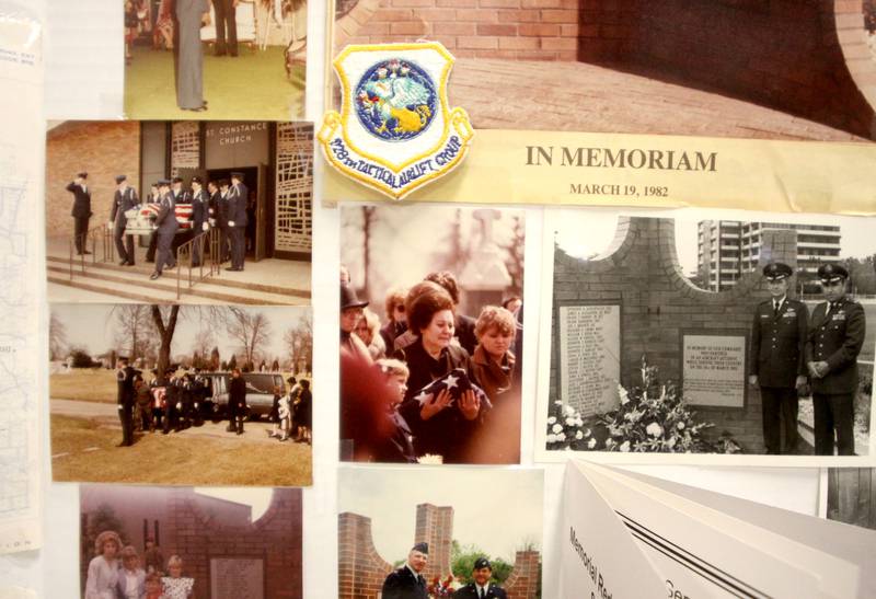 Family photos of the 1982 funeral services for Sgt. Steven J Olczyk are displayed as a remembrance was held Saturday at Wonder Lake Fire Protection District Station 2 on the 40th anniversary of a midair military jet explosion that happened over the small, rural area northeast of Woodstock.